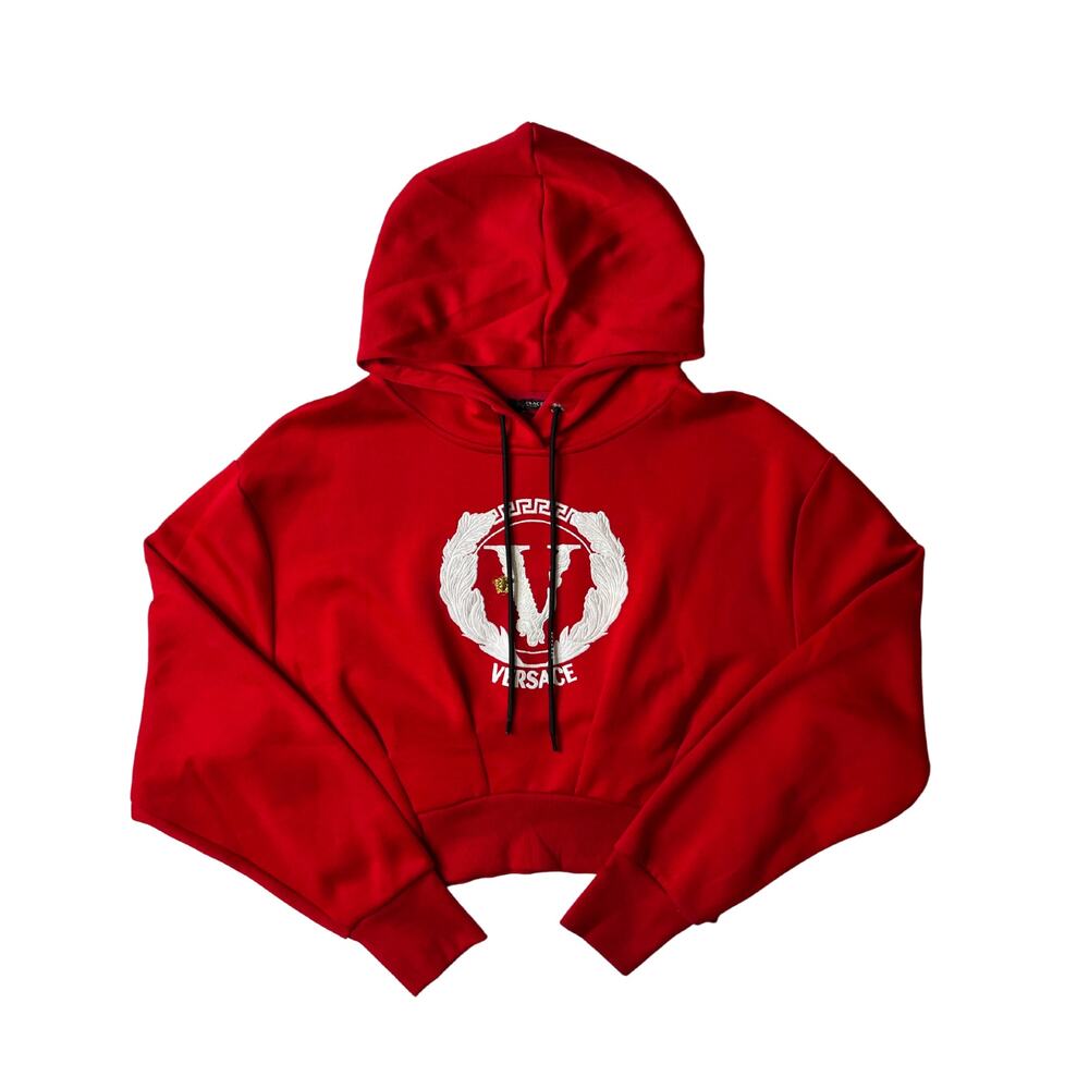 1-42 VERSACE Women's Pullover Cropped Hoodie Embroidered Logo Red Medium/44 - Picture 1 of 16